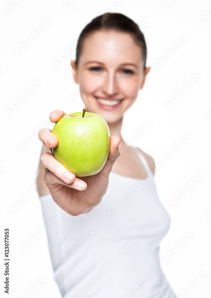 Beautiful fitness women holding healthy apple Beautiful fitness women holding healthy apple
