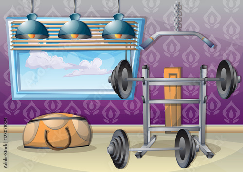 cartoon vector illustration interior fitness room with separated layers in 2d graphic