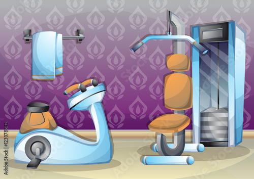 cartoon vector illustration interior fitness room with separated layers in 2d graphic