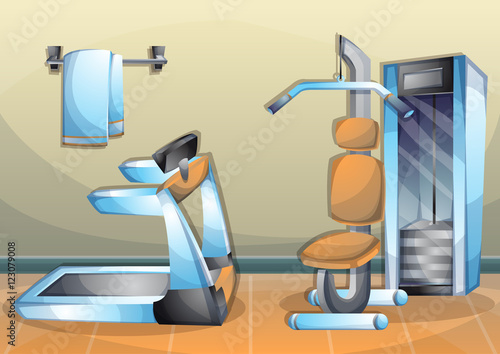 cartoon vector illustration interior fitness room with separated layers in 2d graphic