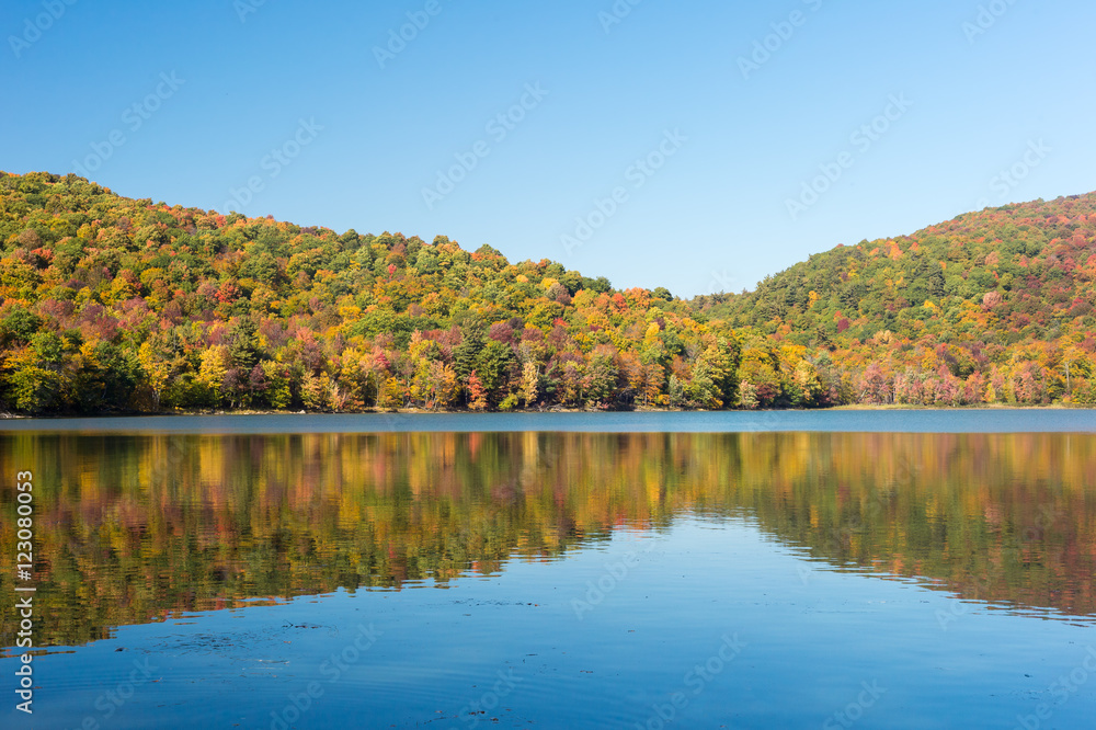 Hertel Lake in Quebec, Canada, with Autumn colors