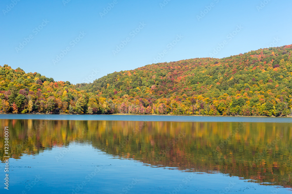 Hertel Lake in Quebec, Canada, with Autumn colors