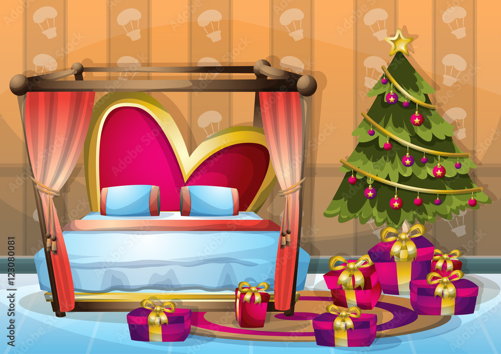 Naklejka premium cartoon vector illustration interior Christmas room with separated layers in 2d graphic