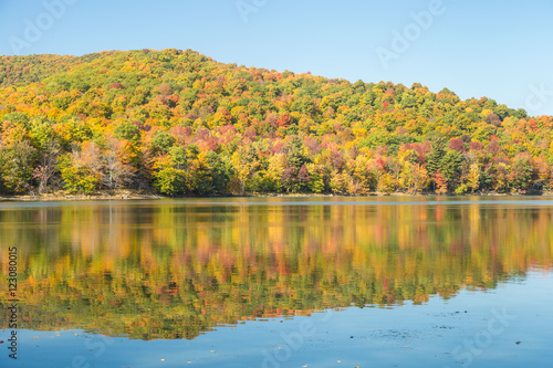 Hertel Lake in Quebec, Canada, with Autumn colors