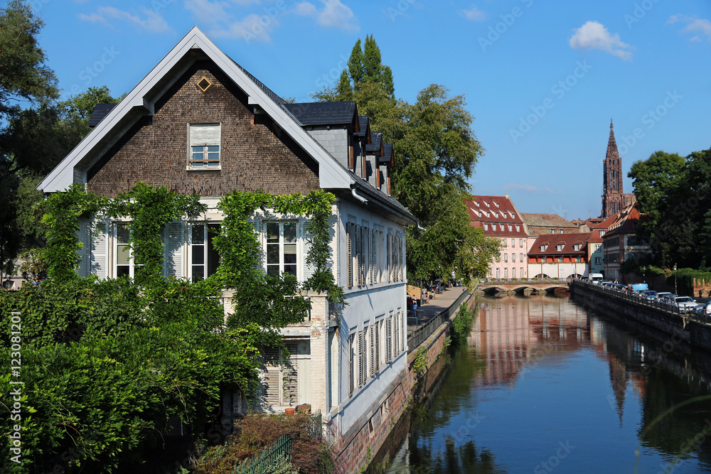 picturesque downtown Strasbourg with cathedral in background - Alsace Region - France