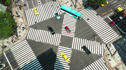 Tokyo - Aerial view of junction with traffic and people on crosswalk. 4K resolution time lapse zoom in. Ginza. May 2016