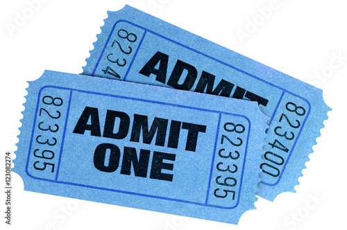 Two pair blue admit one movie cinema theater ticket stub isolated on white background photo