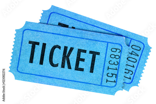 Two blue movie or raffle tickets isolated on a white background.