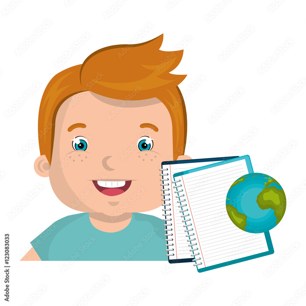 avatar boy smiling with notebook and earth globe icon. colorful design. vector illustration avatar boy smiling with notebook and earth globe icon. colorful design. vector illustration