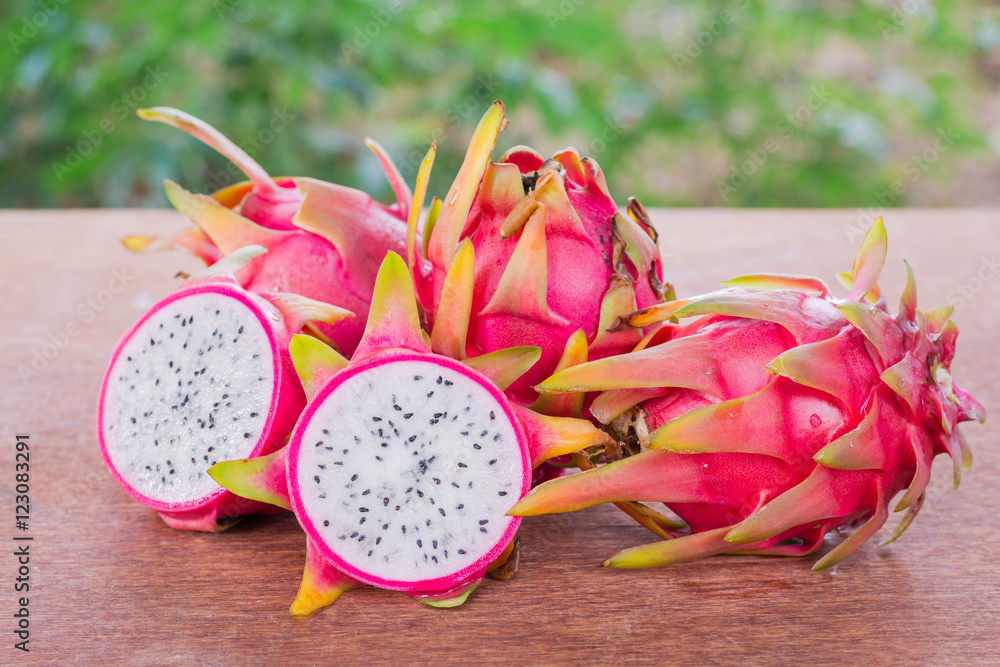 Dragon fruit. Vivid and Vibrant Dragon Fruit on green bokeh back Dragon fruit. Vivid and Vibrant Dragon Fruit on green bokeh back