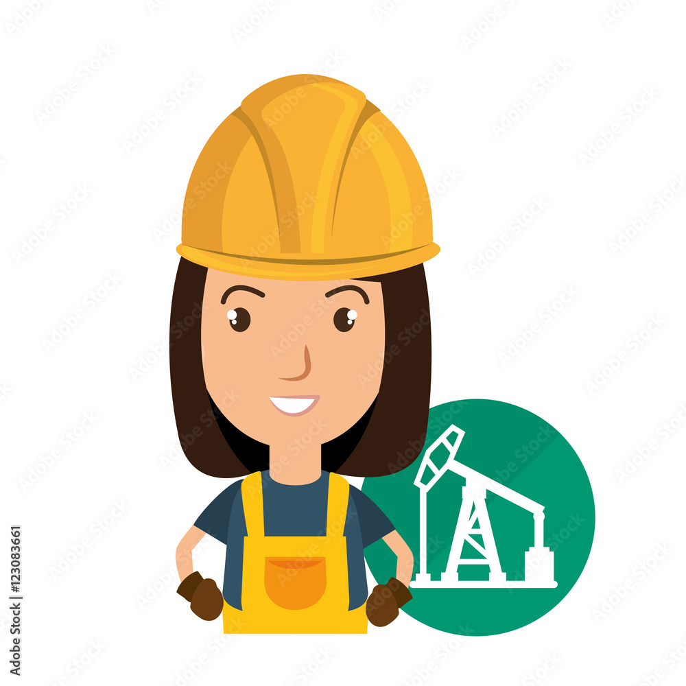 avatar industrial worker with safety equipment and oil rig tower icon over green circle. vector illustration