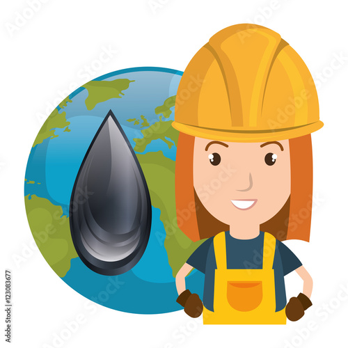 avatar woman smiling industrial worker wearing safety clothes and equipment with earth planet globe and oil drop icon. vector illustration