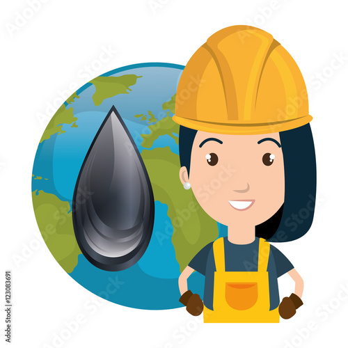 avatar woman smiling industrial worker wearing safety clothes and equipment with earth planet globe and oil drop icon. vector illustration