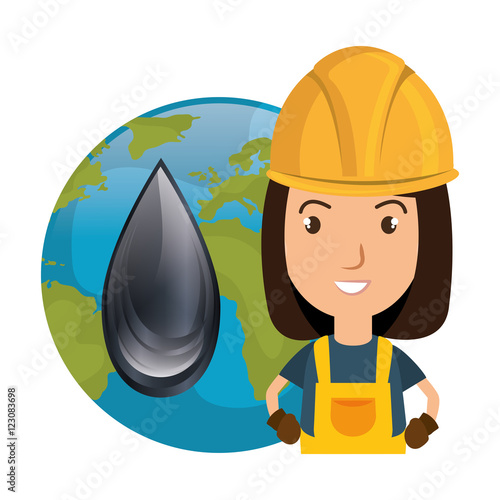 avatar woman smiling industrial worker wearing safety clothes and equipment with earth planet globe and oil drop icon. vector illustration