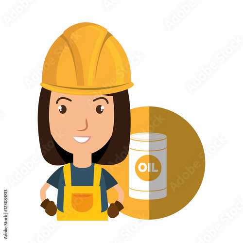 avatar woman smiling industrial worker with safety equipment and oil can over yellow circle icon. vector illustration