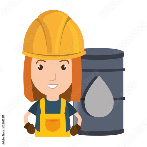 avatar woman smiling industrial worker with safety equipment and oil can over yellow circle icon. vector illustration