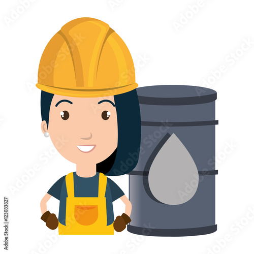 avatar woman smiling industrial worker with safety equipment and oil can over yellow circle icon. vector illustration