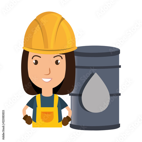 avatar woman smiling industrial worker with safety equipment and oil can over yellow circle icon. vector illustration