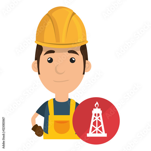 avatar industrial worker with safety equipment and oil rig tower icon over red circle. vector illustration