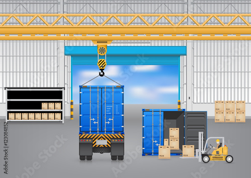 Vector illustration of freight transport, distribution industry inside warehouse, factory with box, truck, cargo container and equipment i.e. forklift, overhead crane for logistic, shipping, delivery.