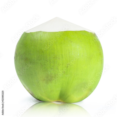 Green coconut fruit with reflection isolated on white background