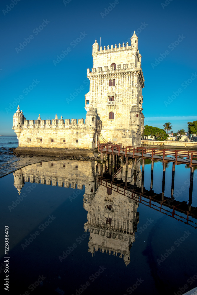 Belem Tower on the Tagus river in the morning, famous city landmark in Lisbon, Portugal.