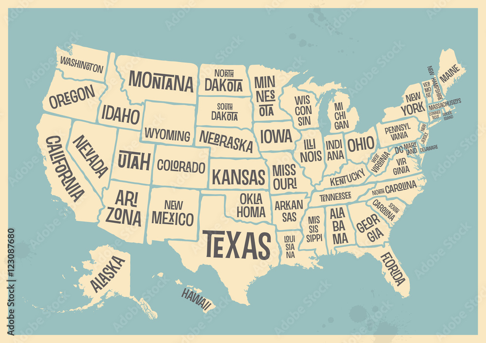 Obraz premium plakat w stylu retro z mapą USA z krajami związkowymi, typografia w stylu vintage - element projektu eps wektor dla kart, infografiki, koszulki lub inne produkty drukowane