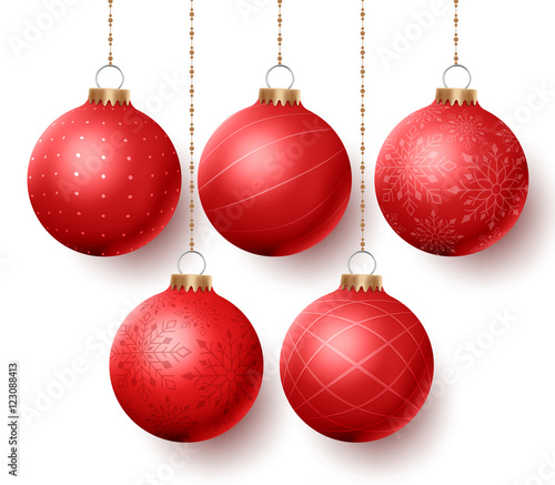Christmas balls vector set with different designs hanging isolated in white background. Vector illustration.
