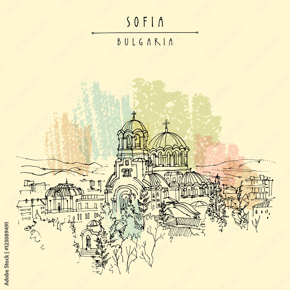 St. Alexander Nevsky Cathedral in Sofia, Bulgaria. Hand drawing in retro style. Travel sketch. Vintage touristic postcard, poster, calendar or book illustration