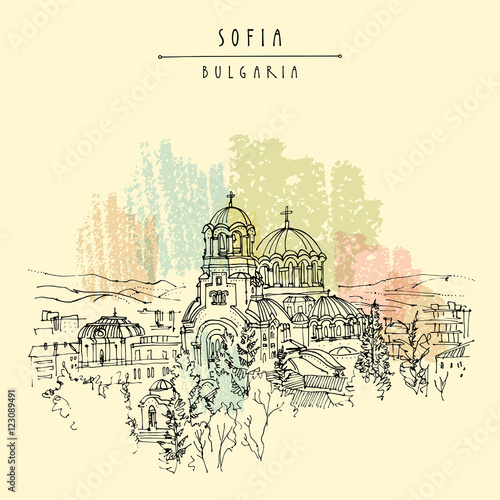 St. Alexander Nevsky Cathedral in Sofia, Bulgaria. Hand drawing in retro style. Travel sketch. Vintage touristic postcard, poster, calendar or book illustration photo
