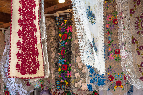 Hungarian souvenirs: Tableclothes with traditional, hand made needlework.