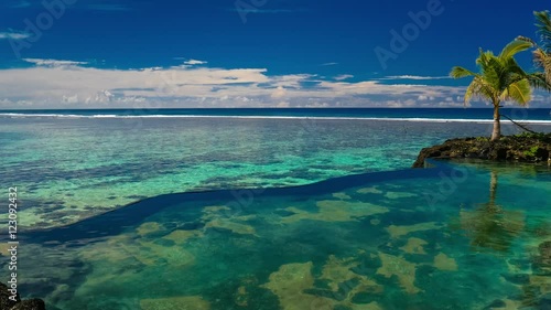 Natural infinity rock pool with palm tree over lagoon. photo