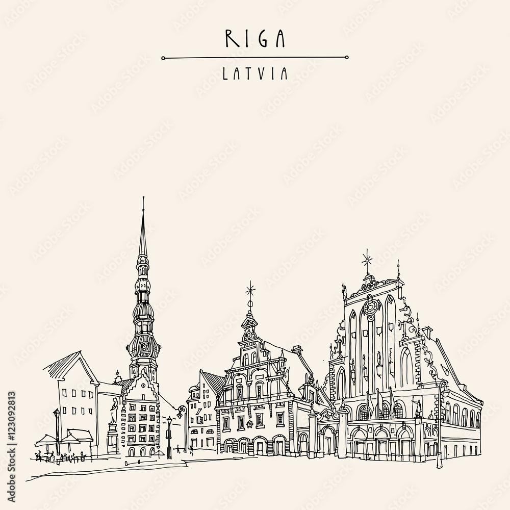 Fototapeta premium House of the Blackheads, St. Peters Church and statue of Roland in Riga old town, Latvia, Europe. Hand drawn postcard