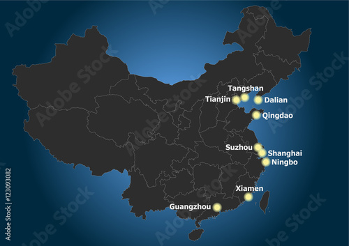 China PR main port cities distribution and position 