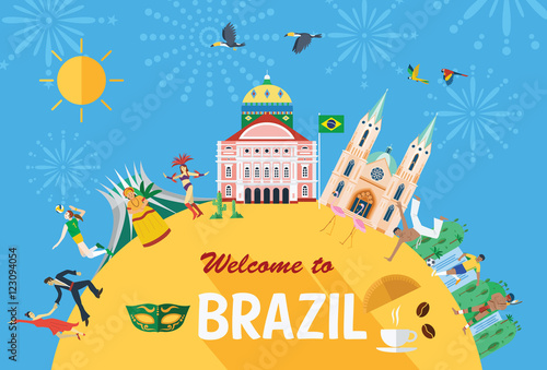 Flat design, Illustration of Brazil landmarks and icons, vector