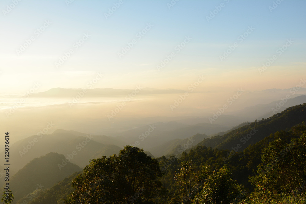 mountain view in the sunrise at Doi Ang Khang,  Chaing Mai, Thailand