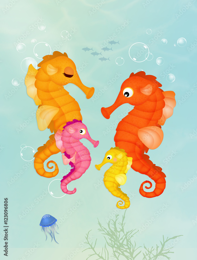 Naklejka premium ilustracja koników morskich w oceanie