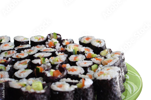 A lot of sushi. White background