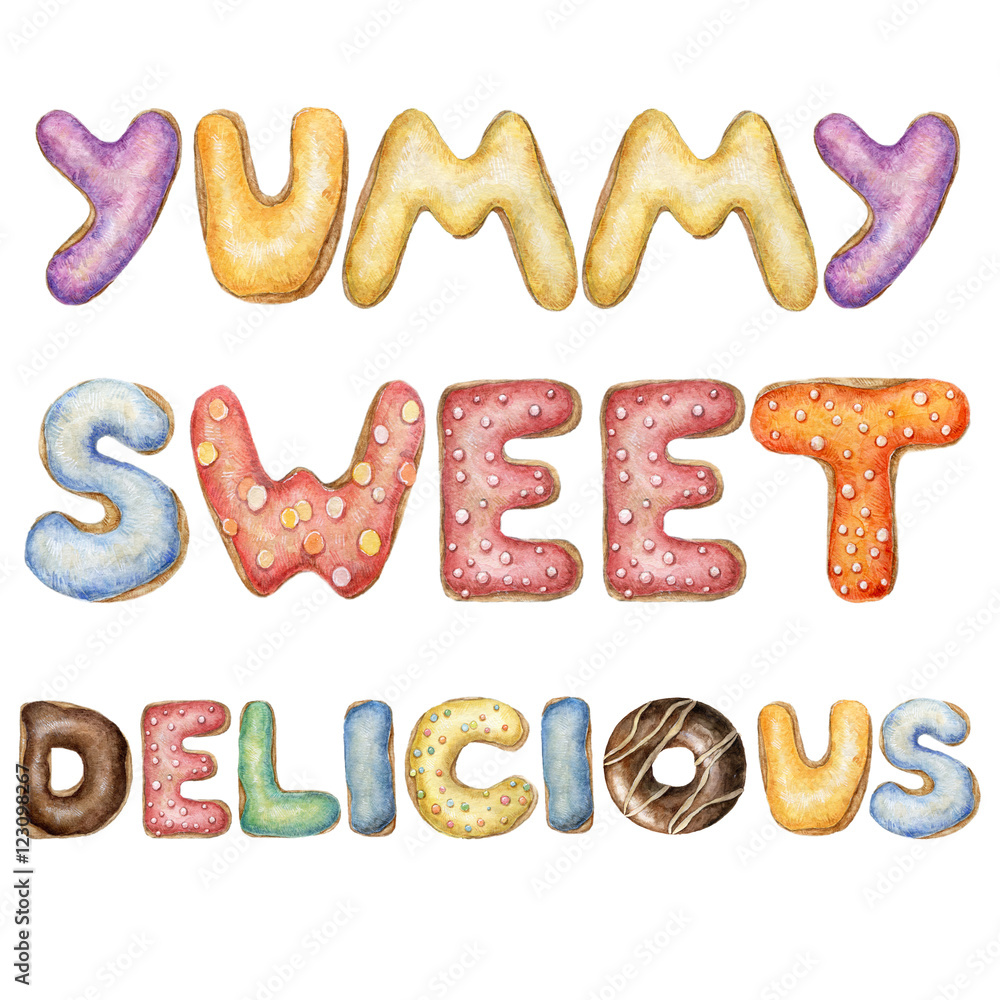 hand painted watercolor words yummy sweet and delicious written with donut alhabet