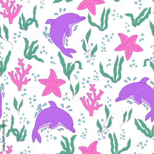 Vector seamless pattern. Hand-drawn doodle set of sea life