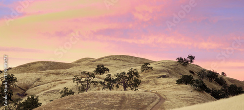 Vibrant Sunset of California Rolling Hills. Joseph D. Grant County Park, Santa Clara County, California, USA.