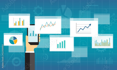 flat business analytics graph on mobile device and  finance investment planning background 
