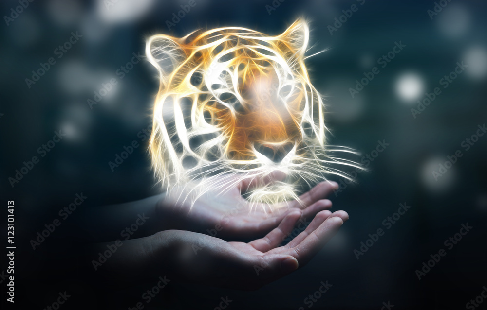 Fototapeta premium Person holding fractal endangered tinger illustration 3D renderi