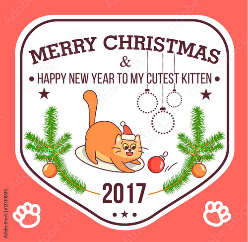Vector Christmas greeting card in badge shape . Fat cat playing with xmas toy. Bright happy colors. Cute design in cartoon style on white background