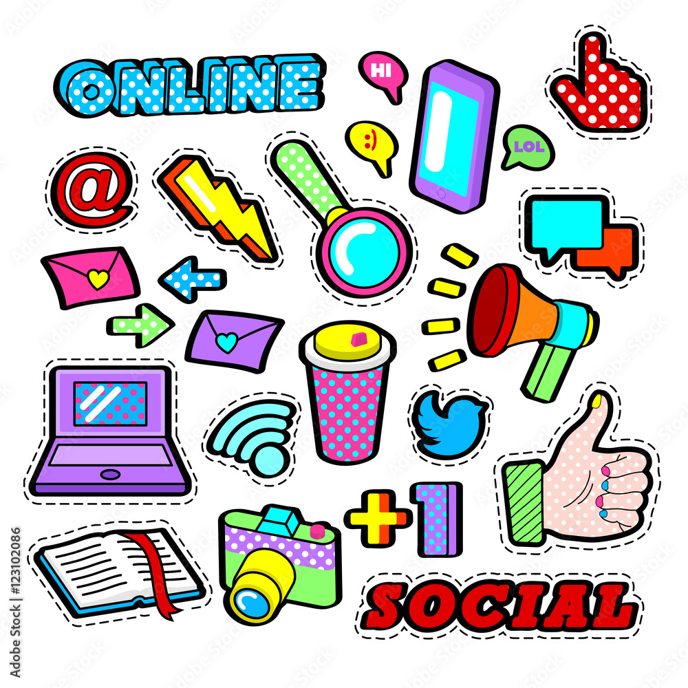 Fashion Badges, Patches, Stickers set with Social Network Elements - Laptop, Megaphone, Smartphone, e-mail in Pop Art Comic Style. Vector illustration Fashion Badges, Patches, Stickers set with Social Network Elements - Laptop, Megaphone, Smartphone, e-mail in Pop Art Comic Style. Vector illustration