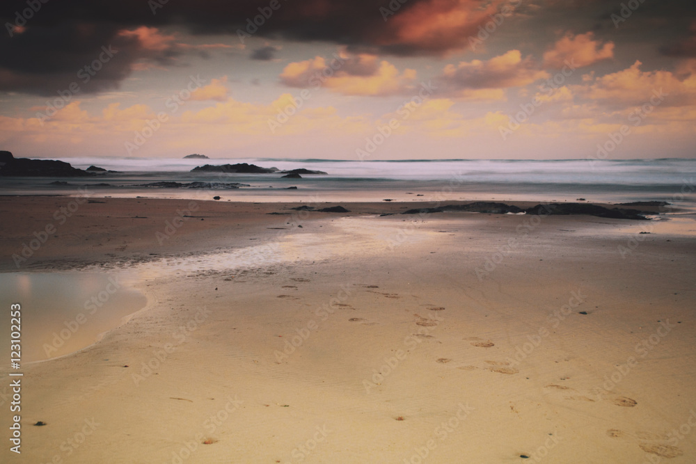 Early morning view of the beach at Polzeath Vintage Retro Filter