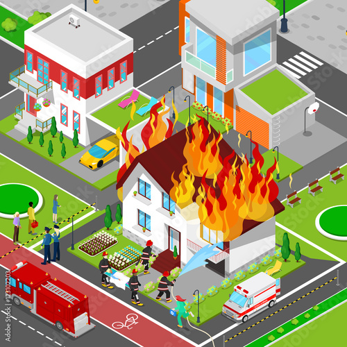 Firefighters Extinguish a Fire in House Isometric City. Fireman Helps Injured Woman. Vector 3d Flat illustration