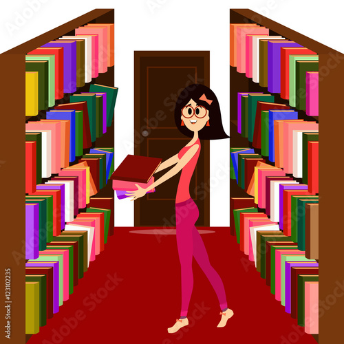 Pretty girl holding books in a library.