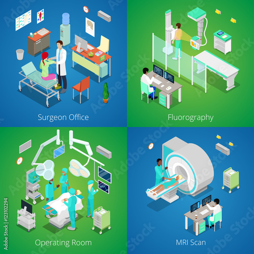 Isometric Hospital Interior. Medical MRI Scan, Operating Room with Doctors, Fluorography Process, Surgeon Office. Vector 3d flat illustration