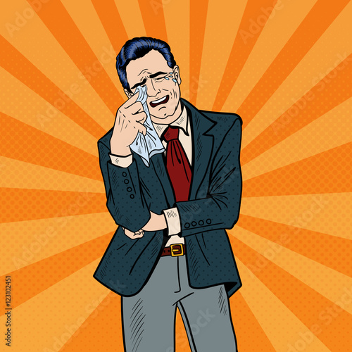 Pop Art Crying Businessman Wipes his Tears with a Handkerchief. Vector illustration